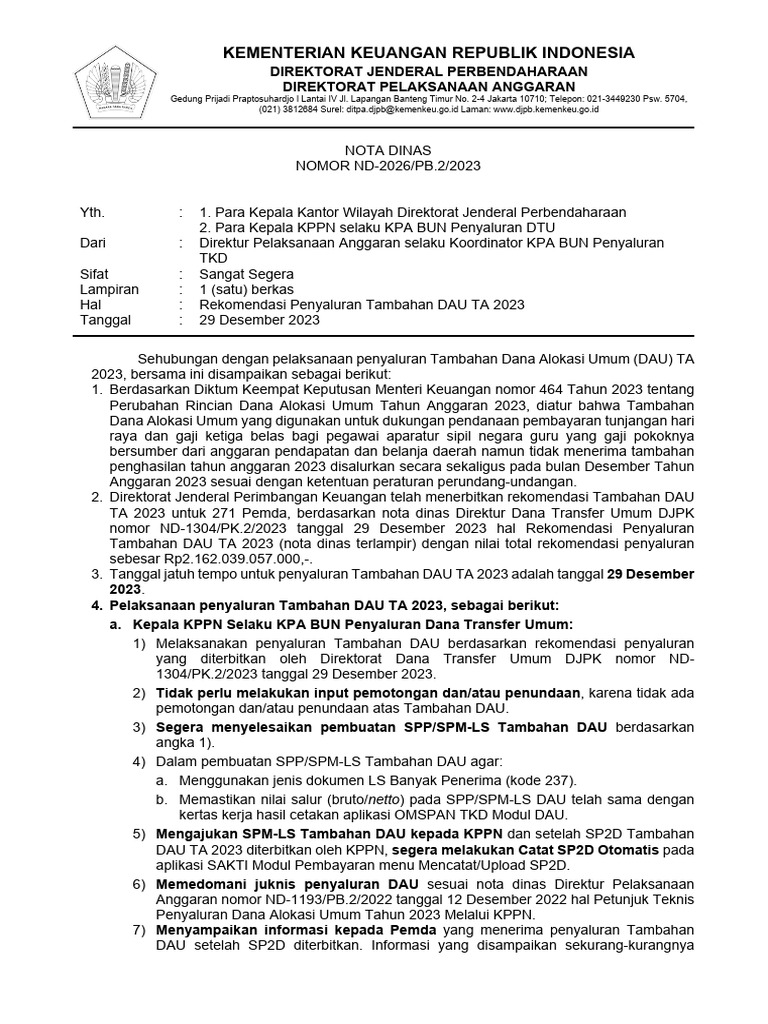 Rekomendasi Penyaluran Tambahan DAU TA 2023 | PDF