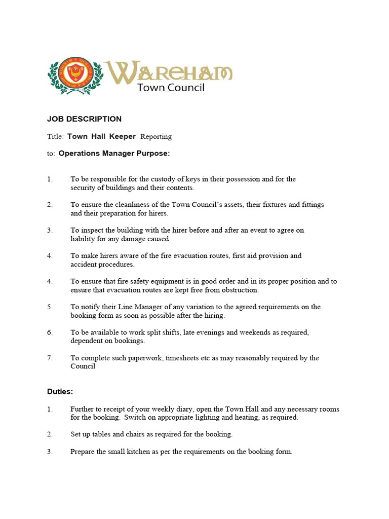 Town Hall Keeper Job Description PDF