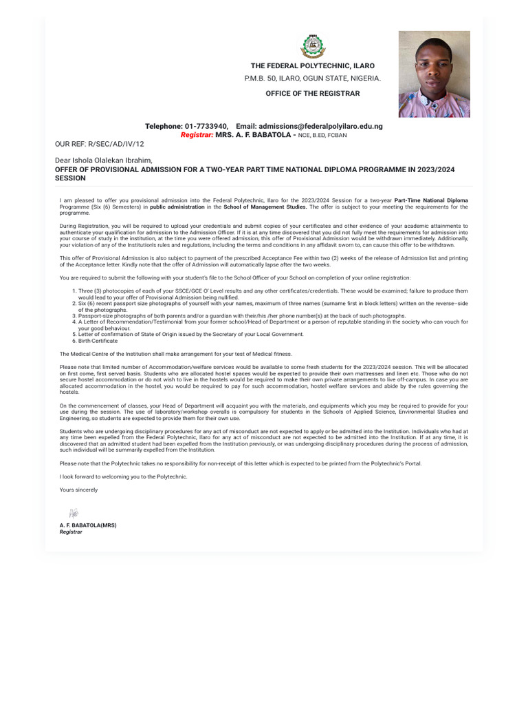 Olalekan Ibrahim Admission Letter | PDF