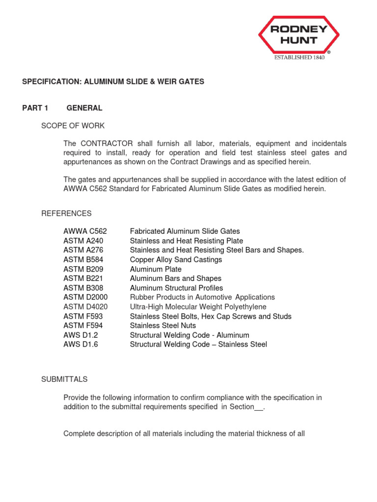 Aluminum Adjustable Weir Gate Specs | PDF