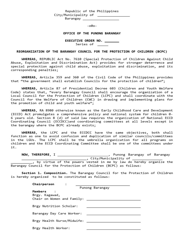 Executive Order Barangay Council For The Protection of Children BCPC ...