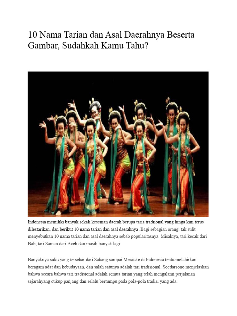 tuliskan 10 nama tarian daerah beserta asal daerahnya