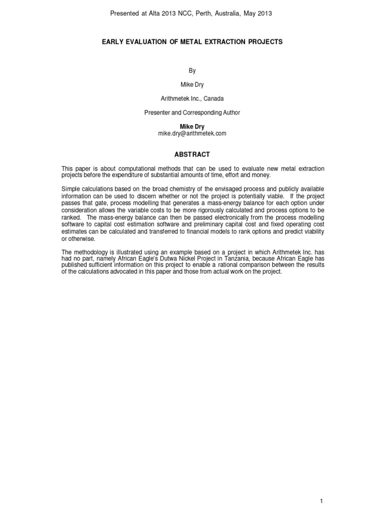 Early Evaluation of Metal Extraction Projects | PDF | Science & Mathematics