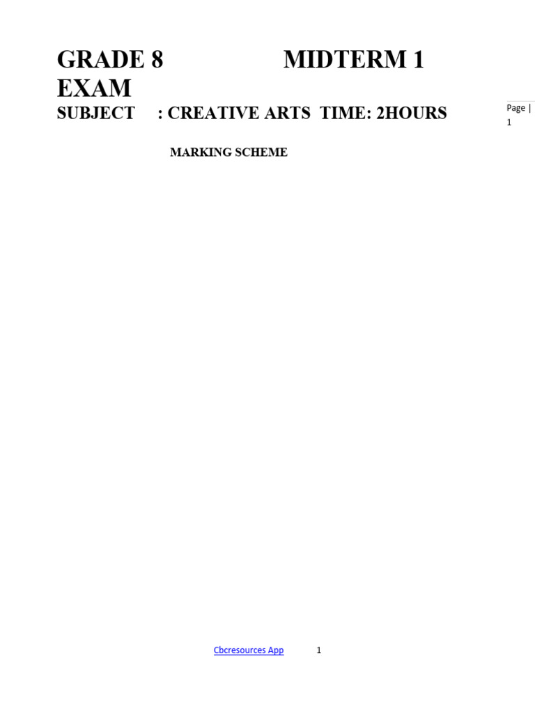 Grade 8 Creative Arts Marking Scheme Midterm 1 2024 PDF Color The