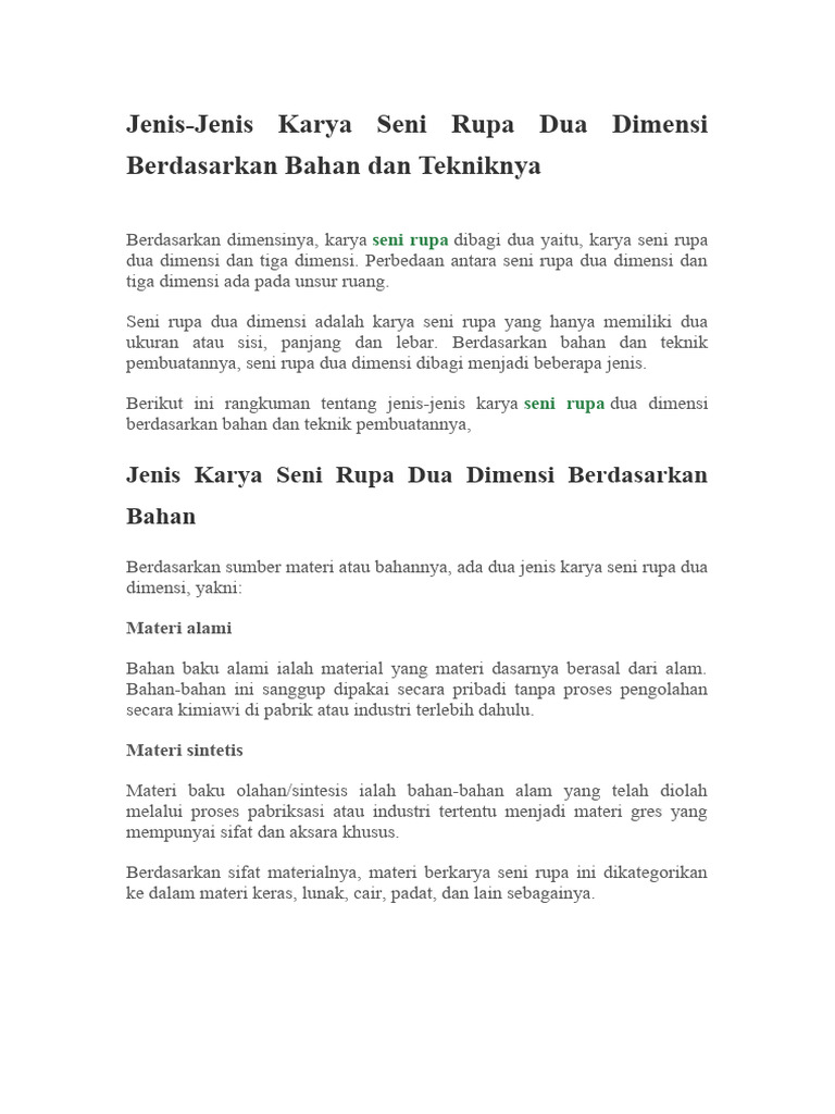 JENIS KARYA SENI RUPA BERDASARKAN BAHAN DAN TEKNIKNYA | PDF