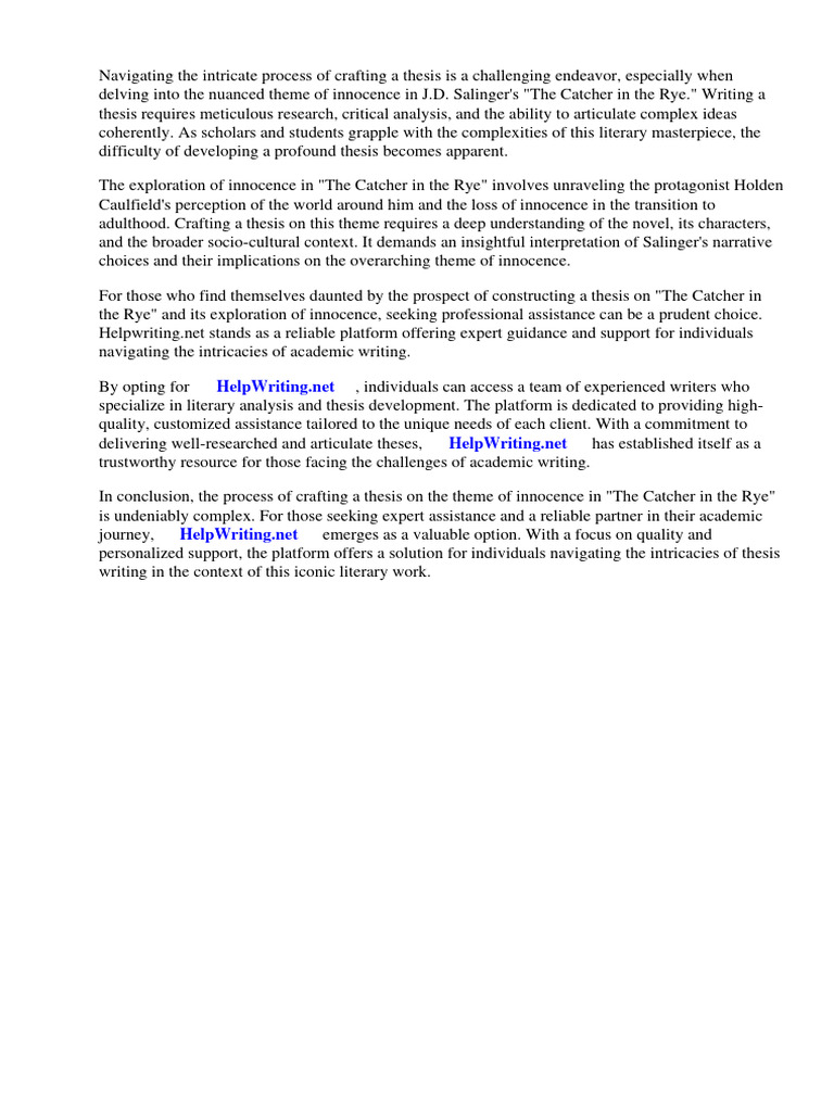 Catcher in The Rye Innocence Thesis PDF