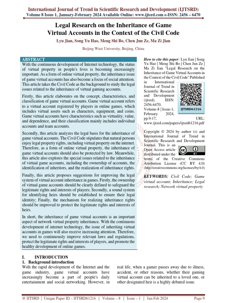 Legal Research On The Inheritance of Game Virtual Accounts in The ...