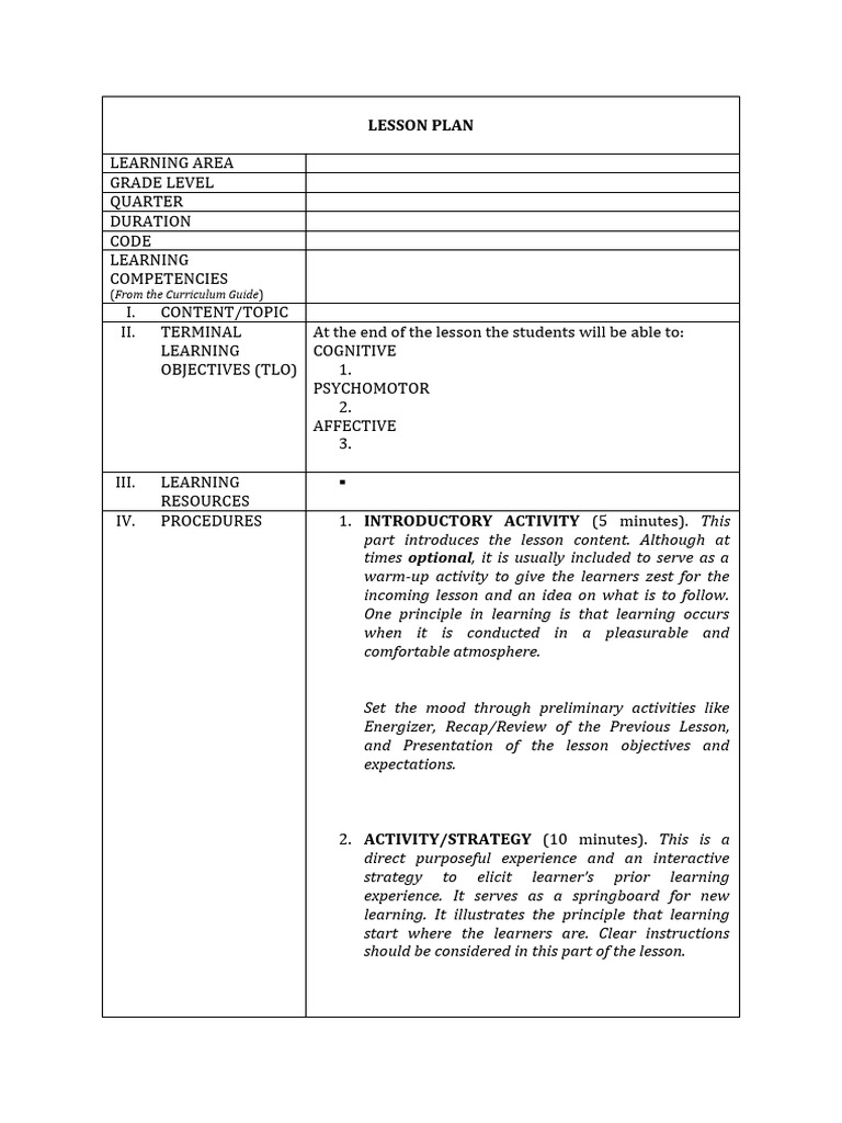 Detailed Lesson Plan Template | PDF | Learning | Lesson Plan