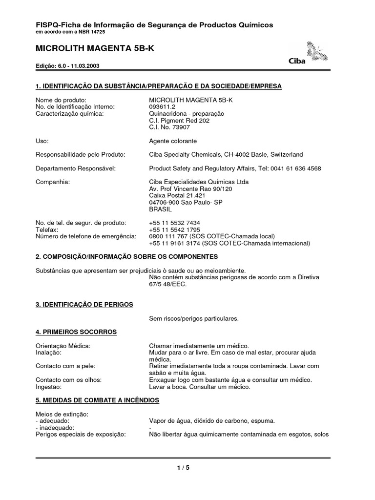 Msds - Microlith Magenta 5b-k | PDF | Desperdício | Águas residuais