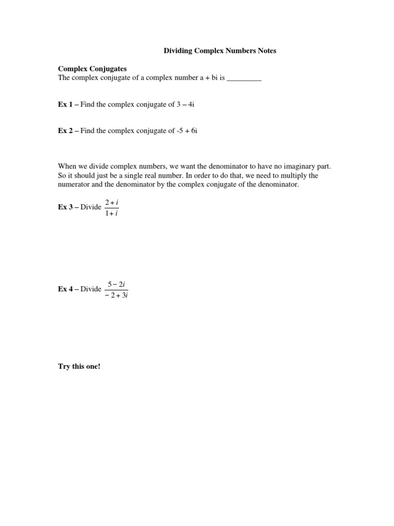 Dividing Complex Numbers Notes | PDF | Teaching Methods & Materials