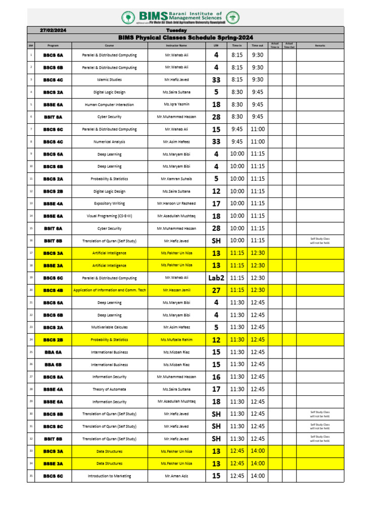 BIMS Spring 2024 Class Schedule | PDF | Systems Theory | Intelligence