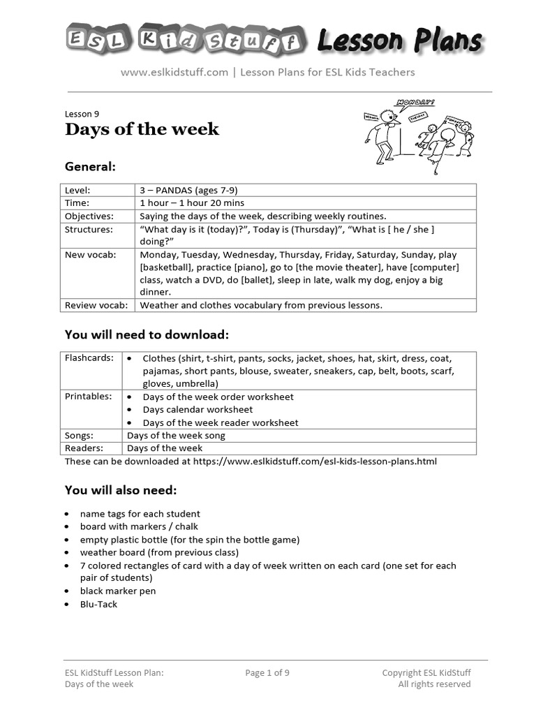 Level 3 lesson 9 days of the week pdf lesson plan workweek