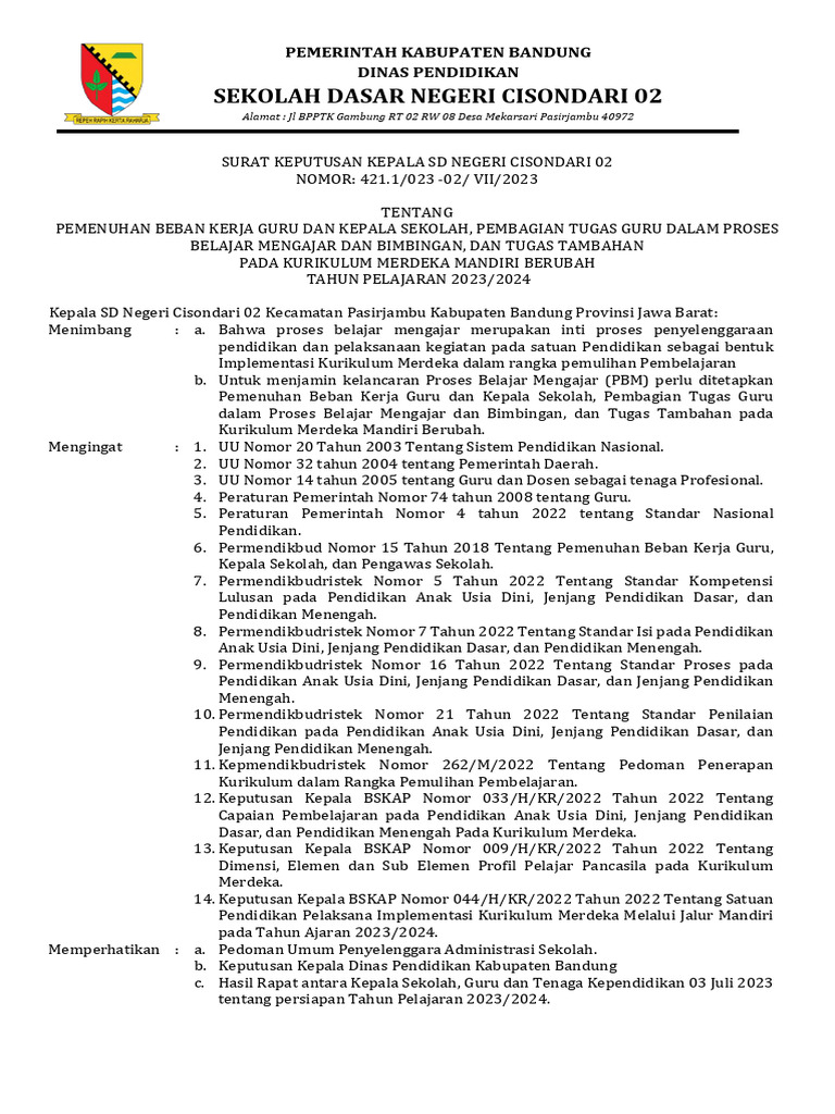 Beban Kerja Guru SD Cisondari 2023/2024 | PDF
