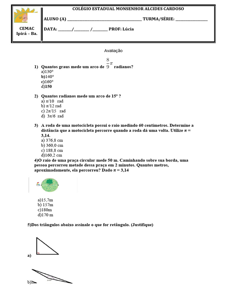 Prova de Trigonometria 2° Ano | PDF