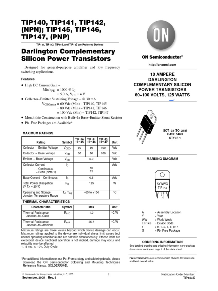 TIP140 | PDF | Bipolar Junction Transistor | Computer Engineering