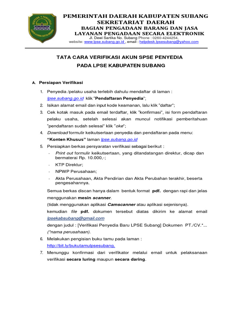 Tata Cara Pendaftaran Dan Verifikasi Penyedia LPSE | PDF