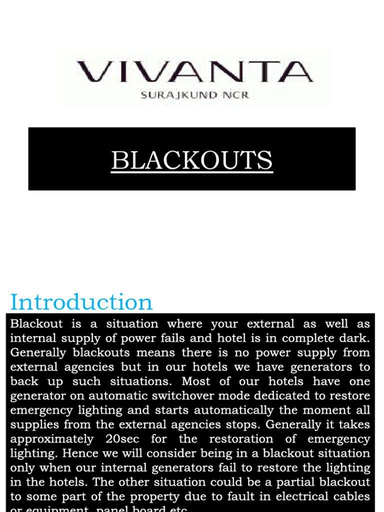 Hotel Blackout Management Protocols | PDF | Diesel Engine | Emergency