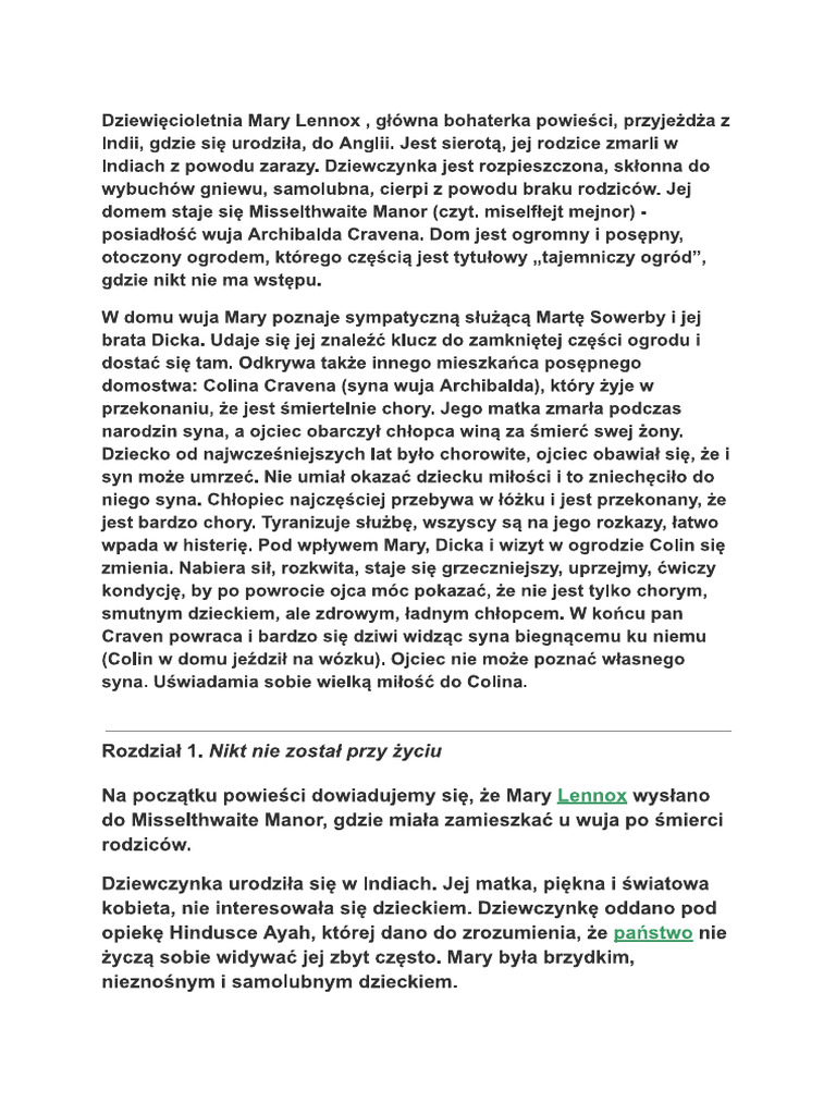 Sprawdzian Z Lektury Tajemniczy Ogród Streszczenie Tajemniczy Ogród | PDF