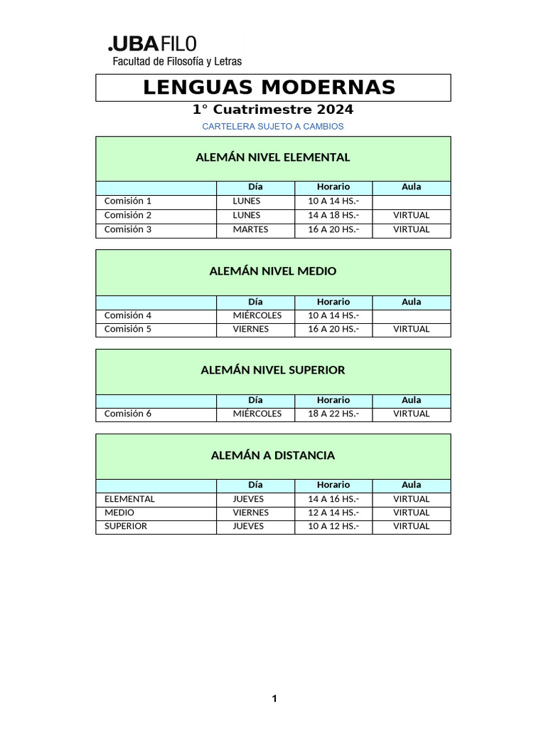 Horarios 2024 de Cursos de Idiomas | PDF