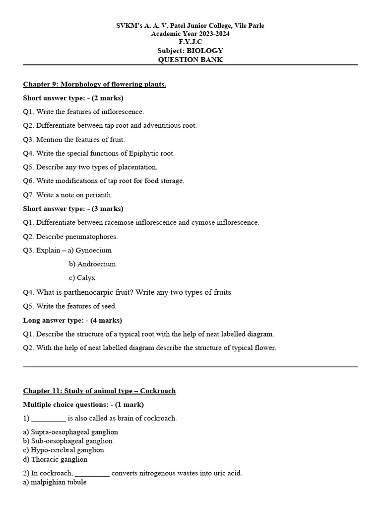 Biology Question Bank for Grade 11 | PDF | Cell (Biology) | Kidney