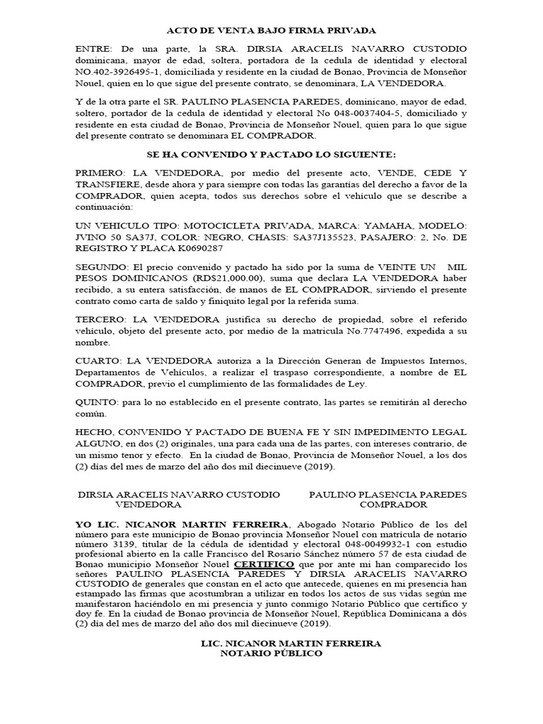 Acto de Venta de Motocicleta en Bonao | PDF | Justicia | Crimen y violencia