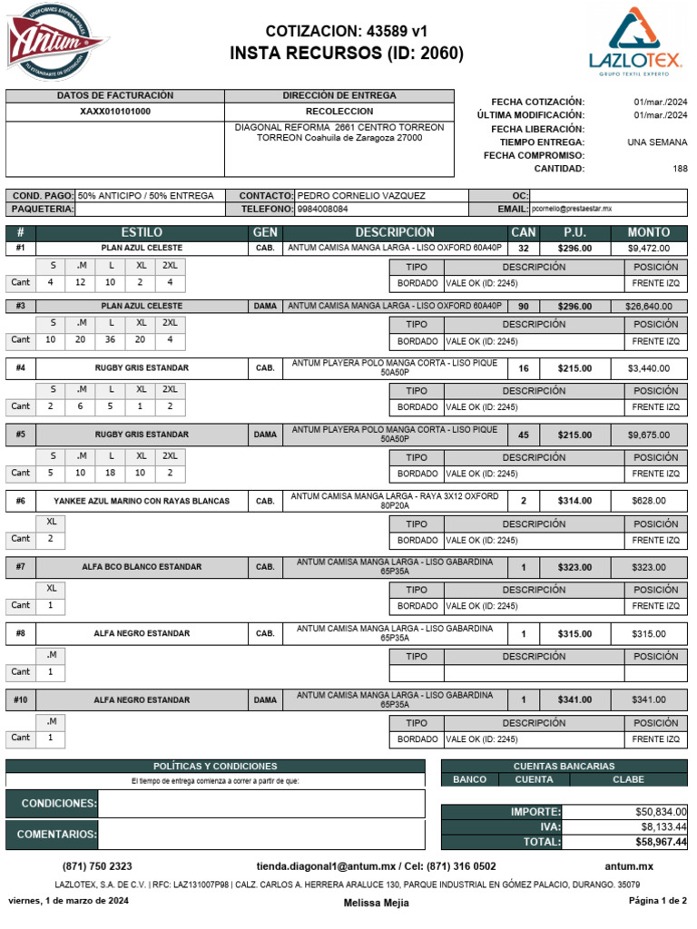 Cotización Lazlotex 43589 v1 | PDF