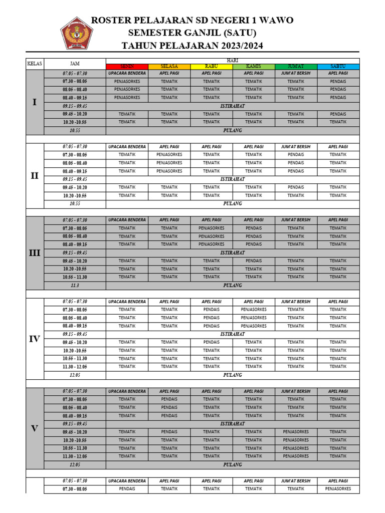 Roster Pelajaran SDN 1 Wawo 2021.2022 SMTR 2 | PDF