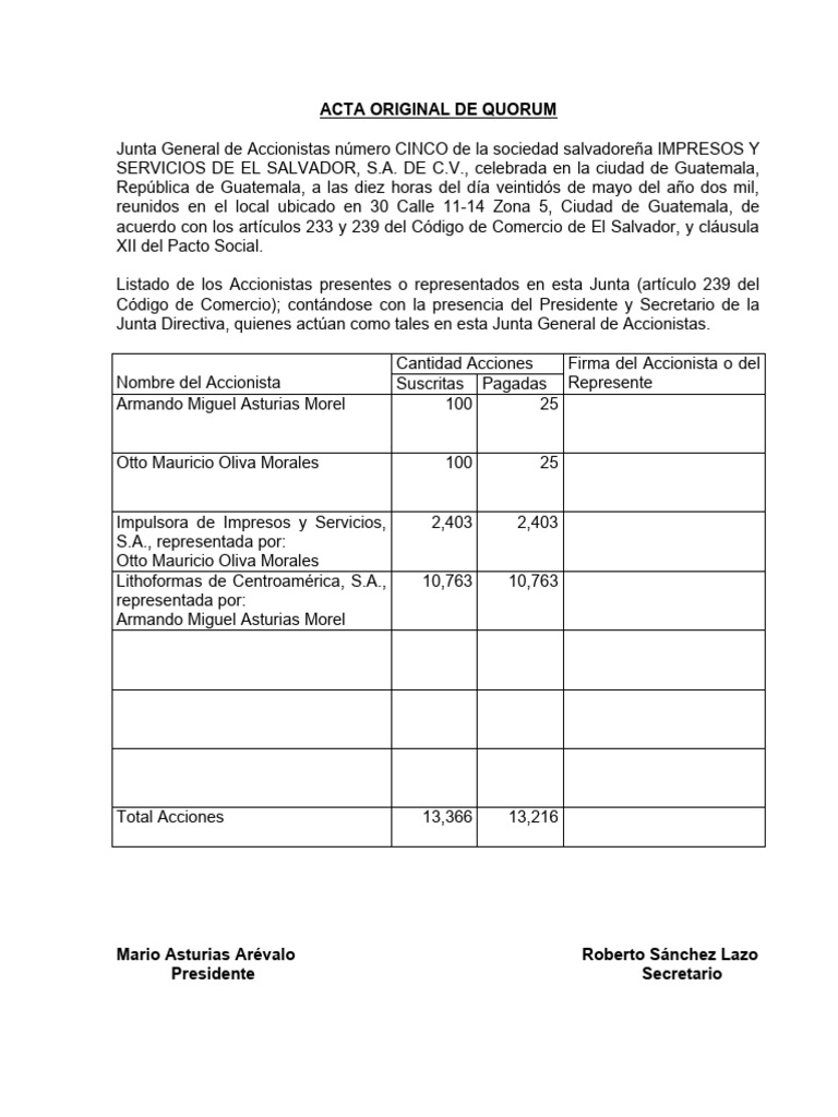 Actas de Quorum de Accionistas | PDF | El Salvador | Guatemala