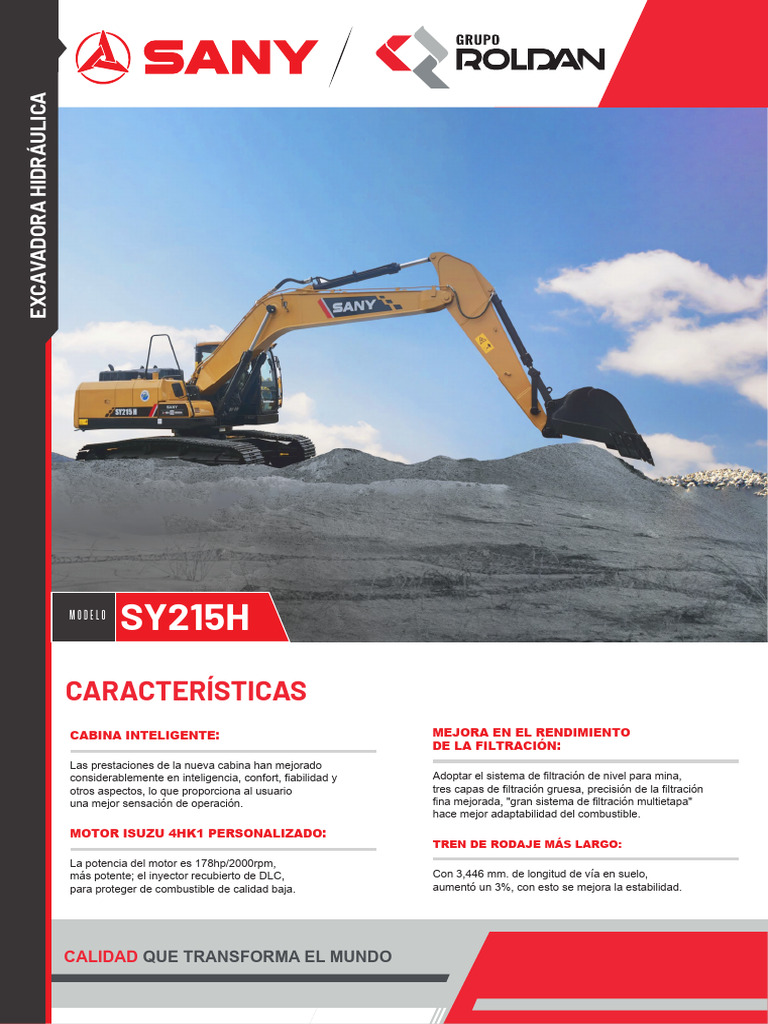 Excavadora Sany SY215H: Características Clave | PDF | Vehículos ...