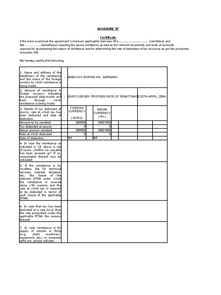 Tax Deduction Certificate for Remittance | PDF | Remittance | Tax Deduction