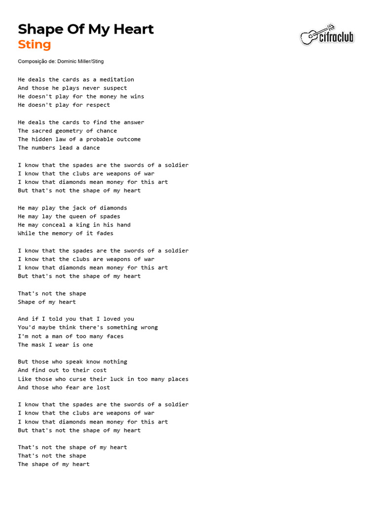 Shape of My Heart Lyrics Sting PDF Poetry