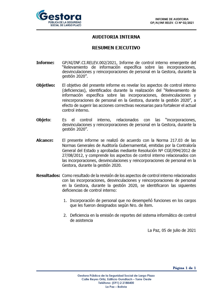 Informe de Auditoría sobre Control Interno 2020 | PDF | Auditoría