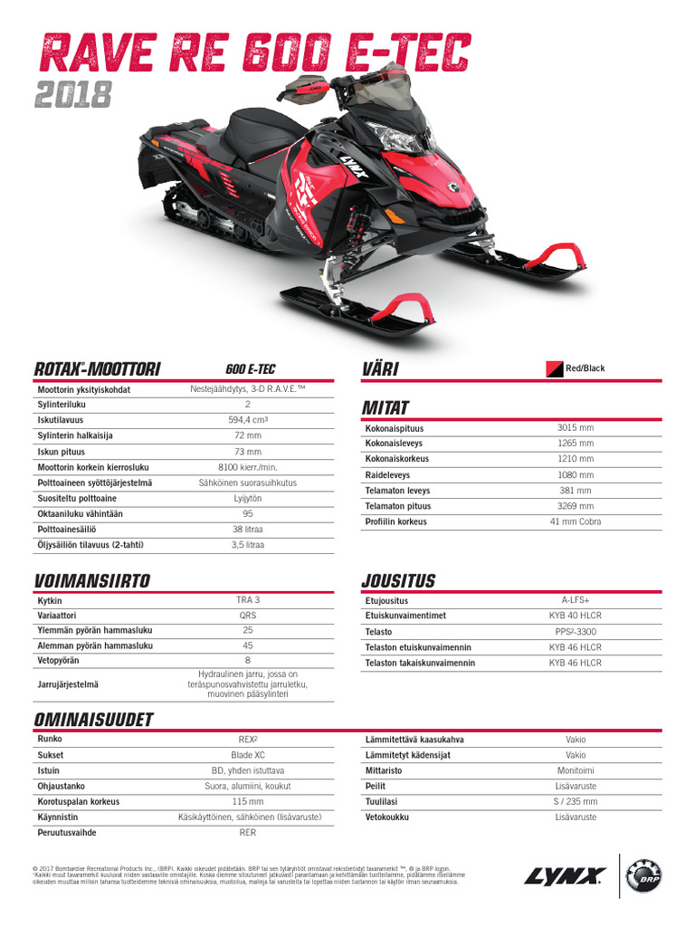 Lynx 2018 Specs Rave RE 600 E-TEC FI | PDF