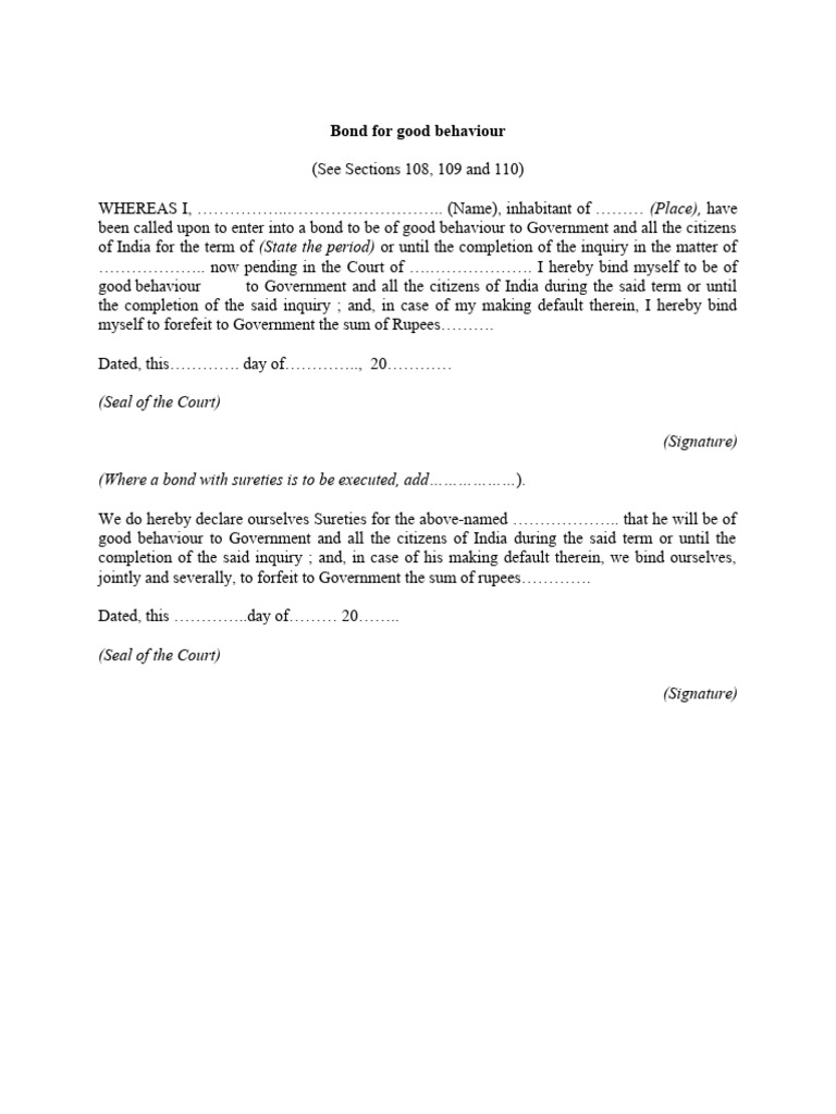 Bond for good behaviour drafting criminal template 635 pdf