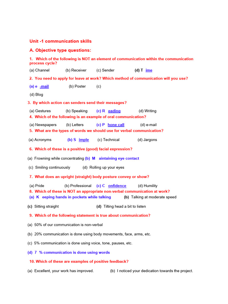Communication Skills Unit 1 Quiz | PDF | Career & Growth | Language ...