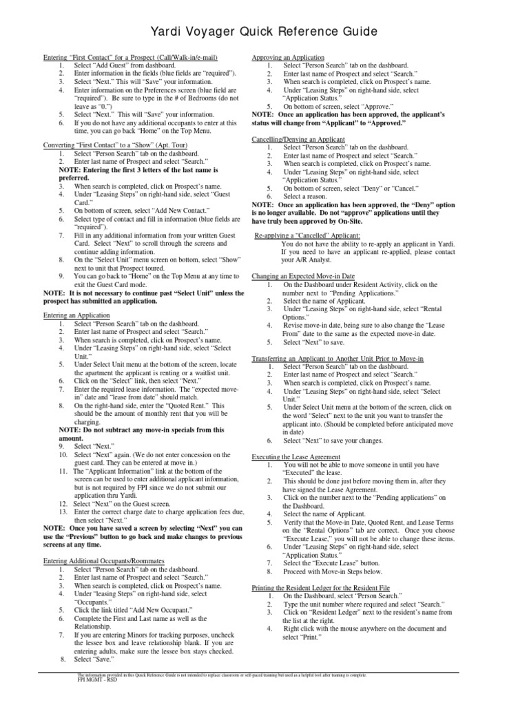 Yardi Voyager Quick Reference Guide | PDF | Lease | Receipt