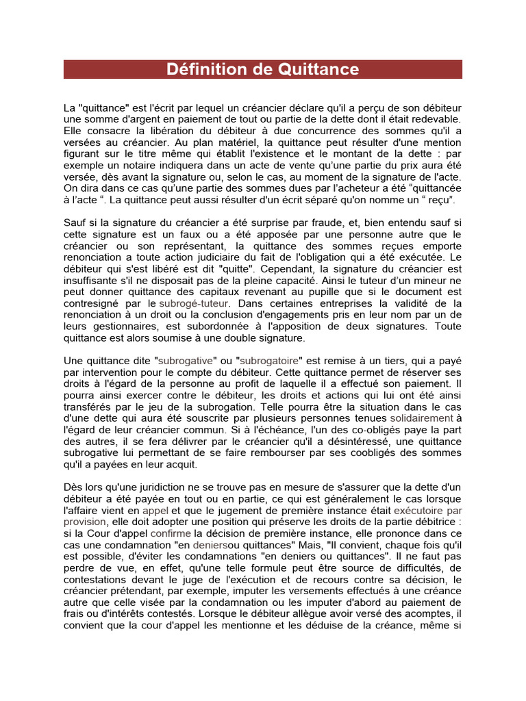 Définition et Types de Quittance | PDF | Débiteur