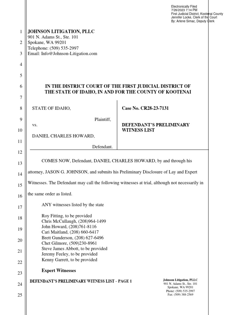 Daniel Howard's Witness List Submission | PDF | Practice Of Law ...