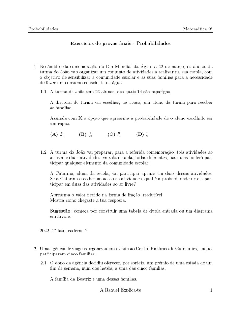 Exercícios de Probabilidades para 9º Ano | PDF | Probabilidade | Matemática