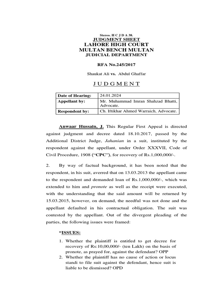 Lahore High Court RFA 245/2017 Judgment | PDF | Lawsuit | Burden Of ...
