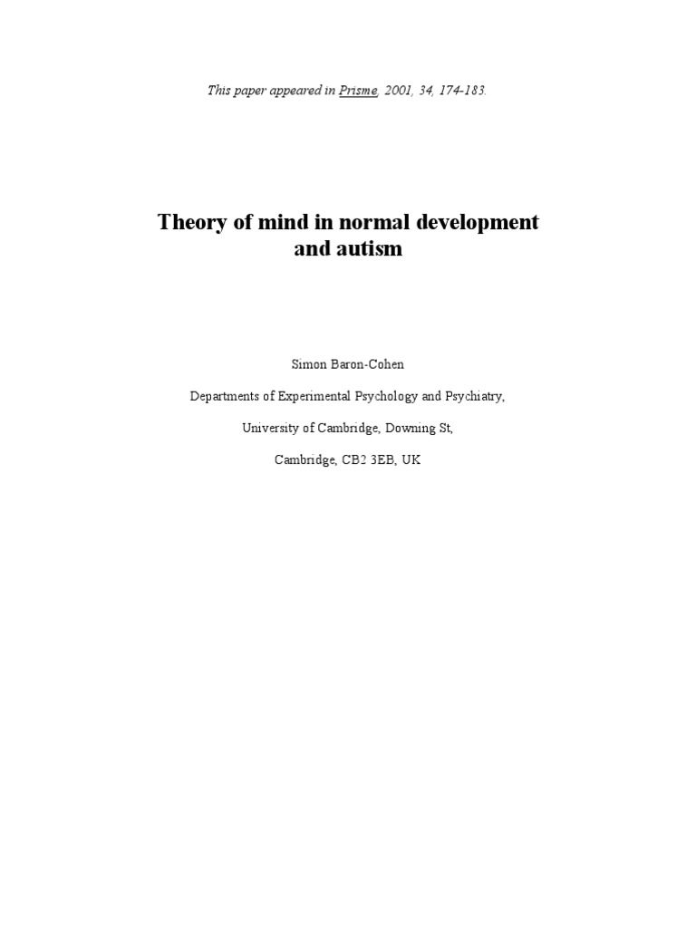 Theory of Mind ASD Baron-Cohen | PDF