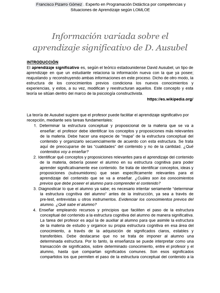 Aprendizaje Significativo según Ausubel | PDF | Aprendizaje | Ciencia ...