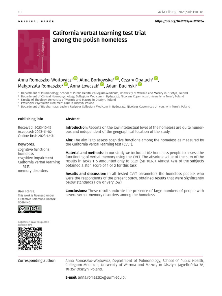 California Verbal Learning Test Trial Among The Polish Homeless | PDF ...
