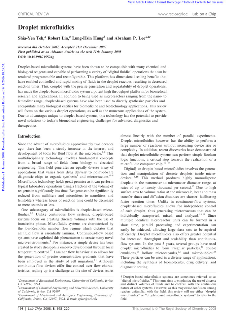 Advances in Droplet Microfluidics | PDF | Microfluidics | Hydrophobe