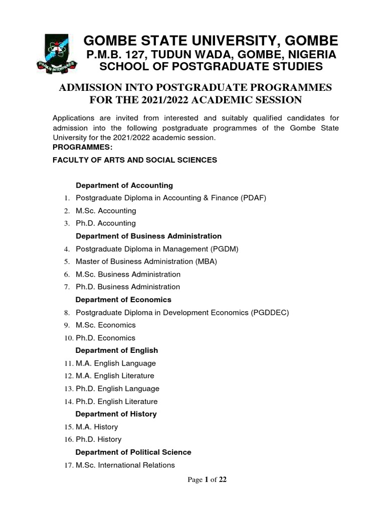 GSU Postgraduate Admissions 2021/22 | PDF | Academic Degree ...