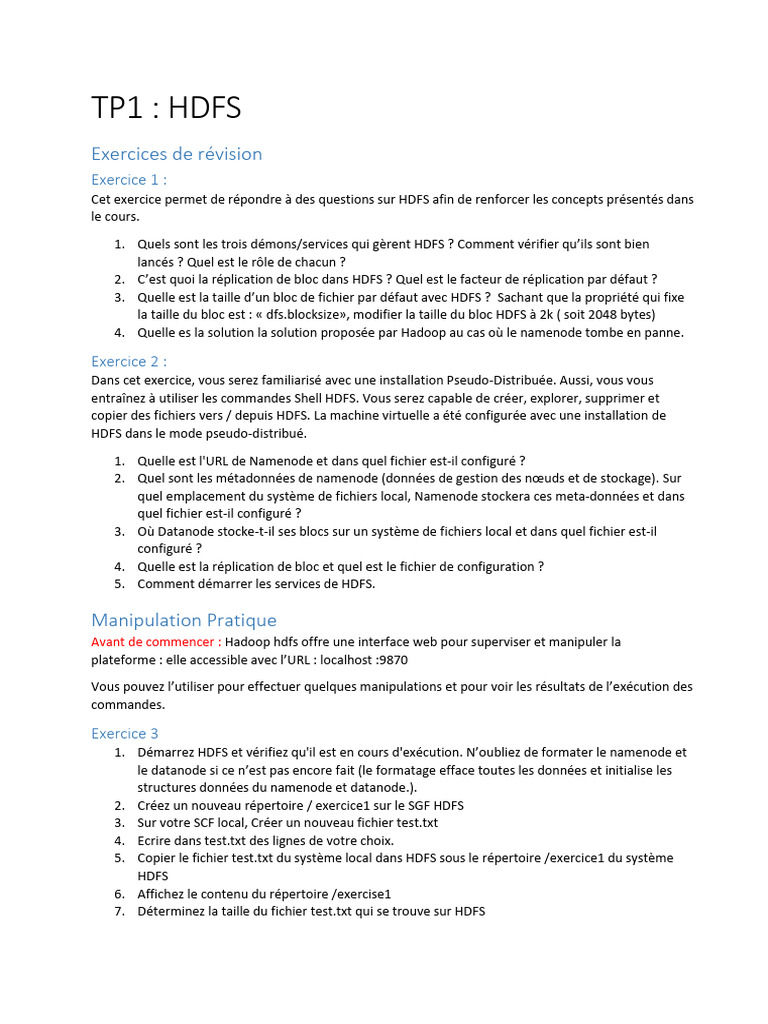 Exercices pratiques sur HDFS | PDF | Apache Hadoop | Fichier informatique