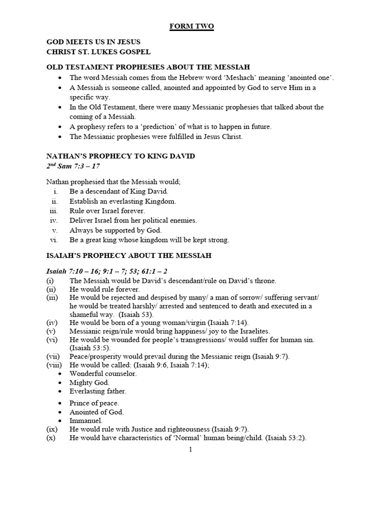 CRE Form 2: Messiah Prophecies Summary | PDF | Jesus | John The Baptist