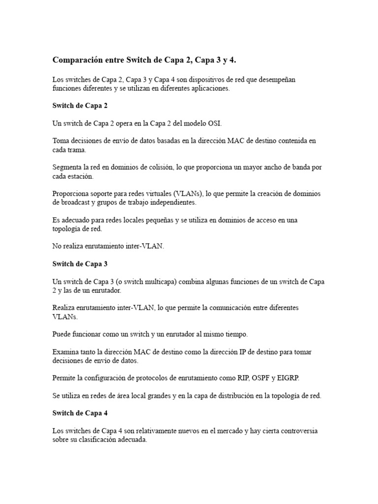 Comparación Entre Switch de Capa 2, Capa 3 y 4 | PDF | Conmutador de ...