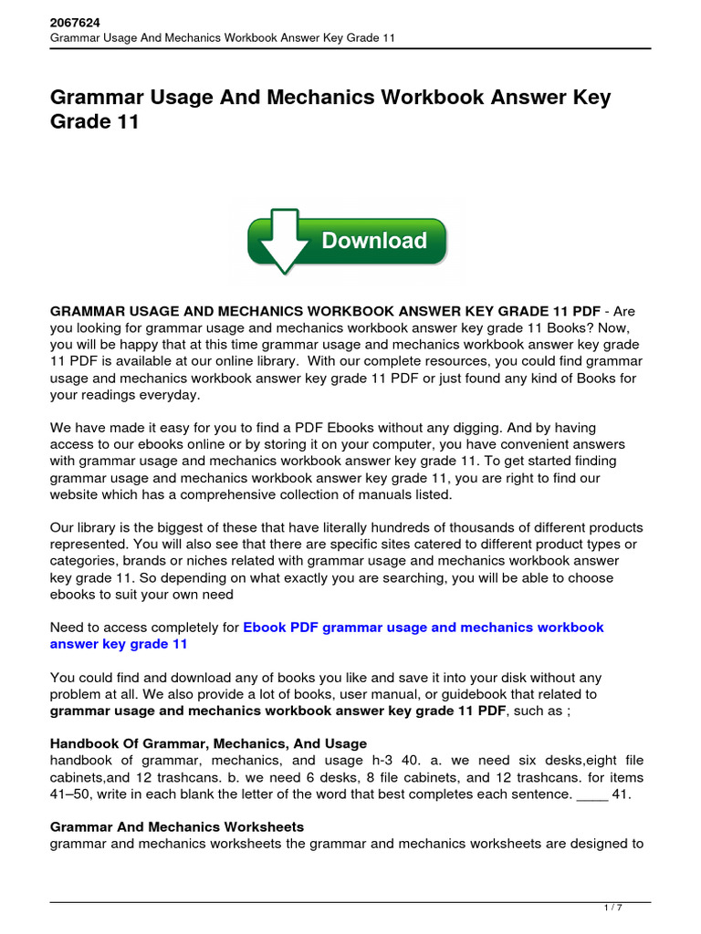Grammar Usage and Mechanics Workbook Answer Key Grade 11 Download