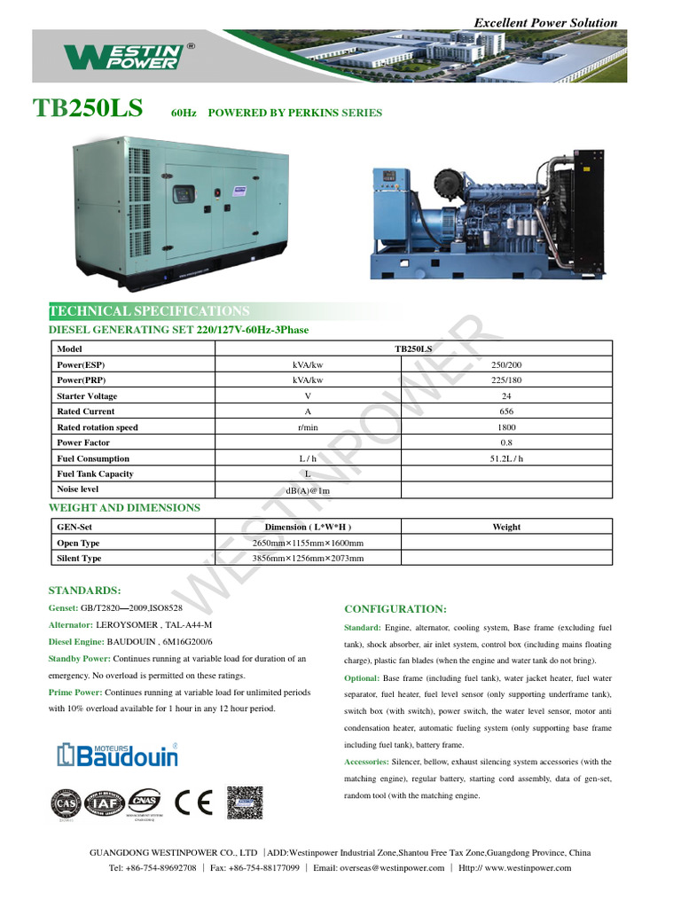Diesel Generator TB250LS Specifications | PDF | Manufactured Goods ...